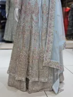 Light Sky Blue Net Fabric Heavy Multi-Colored Embroidered Indo-Western Bridal Gown - Patel Brothers NX 9