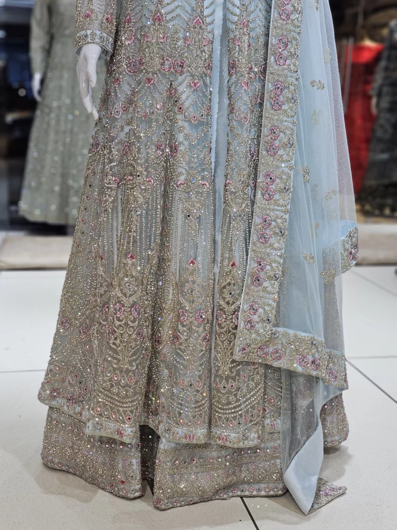 Light Sky Blue Net Fabric Heavy Multi-Colored Embroidered Indo-Western Bridal Gown - Patel Brothers NX 5