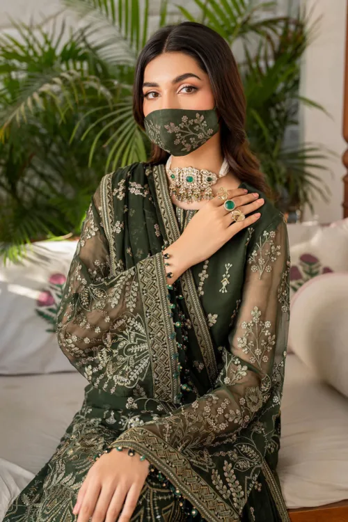 Dark Olive Green 3-Pc Unstitched Embroidered Chiffon Suit By Naqsh | S-1401 - Patel Brothers NX 4