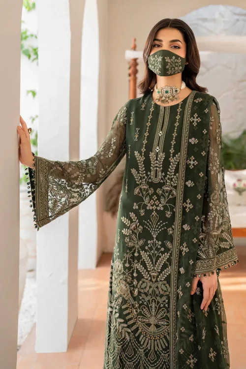 Dark Olive Green 3-Pc Unstitched Embroidered Chiffon Suit By Naqsh | S-1401 - Patel Brothers NX 3