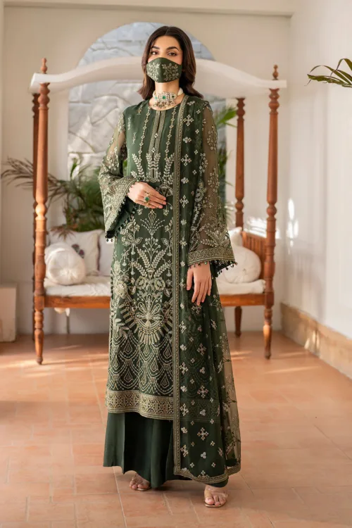 Dark Olive Green 3-Pc Unstitched Embroidered Chiffon Suit By Naqsh | S-1401 - Patel Brothers NX