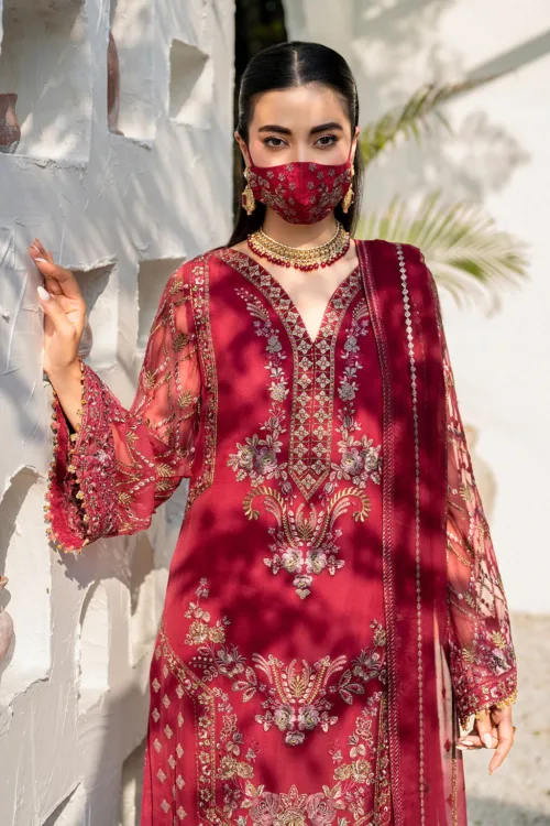 Crimson Red 3-Pc Unstitched Embroidered Chiffon Suit By Naqsh | S-1402 - Patel Brothers NX 3