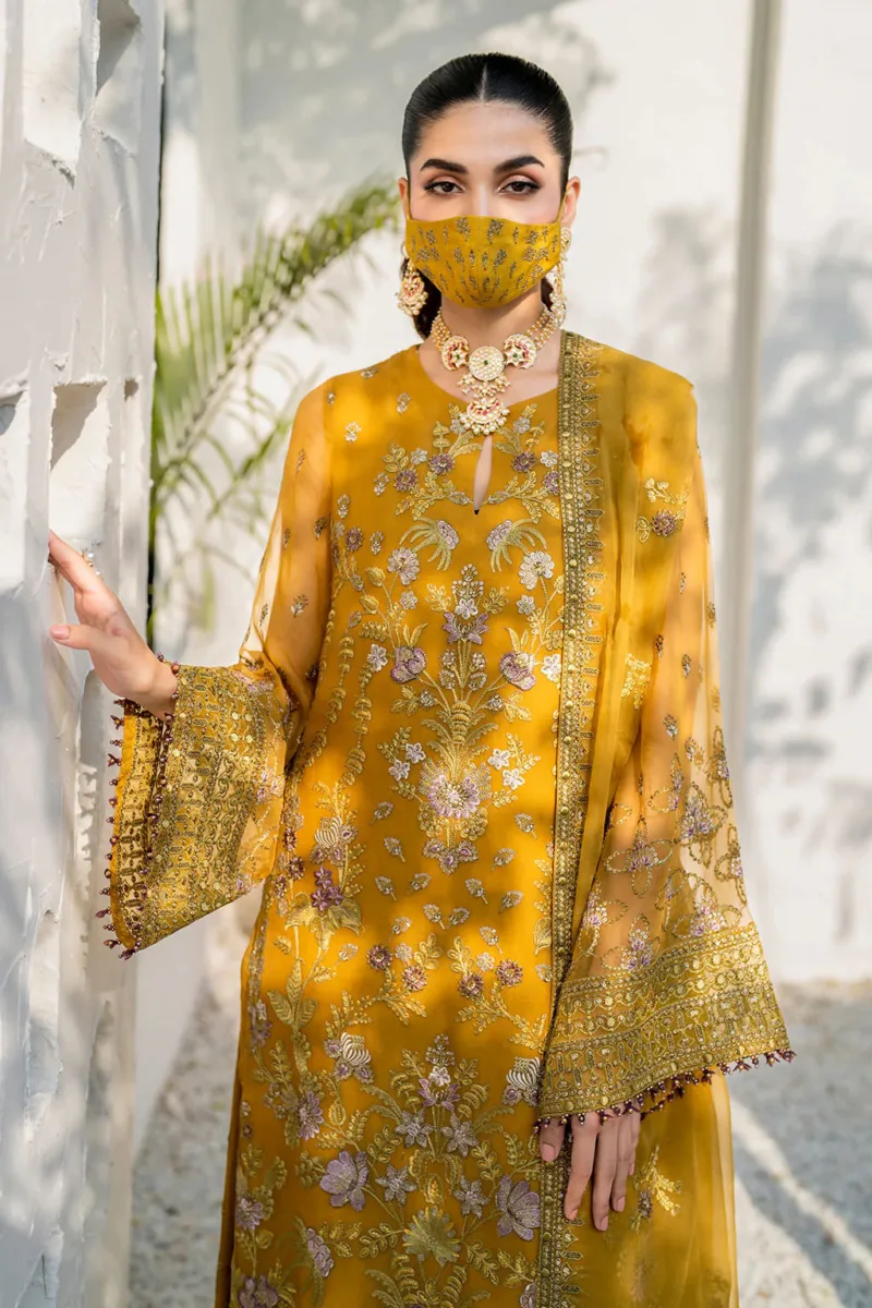 Mustard Gold 3-Pc Unstitched Embroidered Chiffon Suit By Naqsh | S-1404 - Patel Brothers NX 6