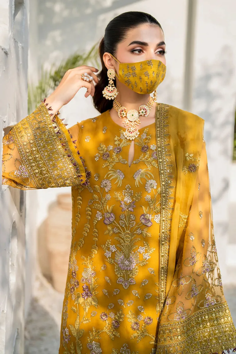 Mustard Gold 3-Pc Unstitched Embroidered Chiffon Suit By Naqsh | S-1404 - Patel Brothers NX 8