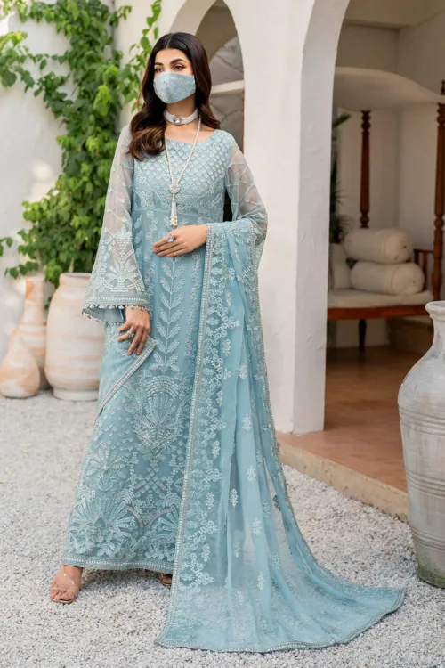 Light Sage Blue 3-Pc Unstitched Embroidered Chiffon Suit By Naqsh | S-1405 - Patel Brothers NX