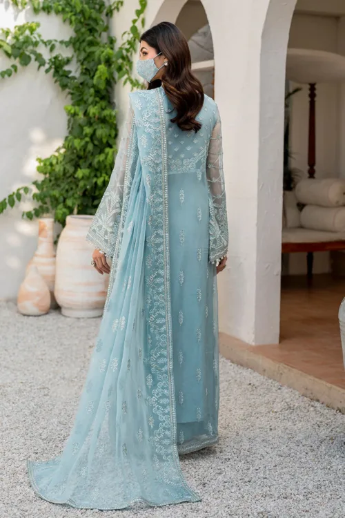 Light Sage Blue 3-Pc Unstitched Embroidered Chiffon Suit By Naqsh | S-1405 - Patel Brothers NX 3