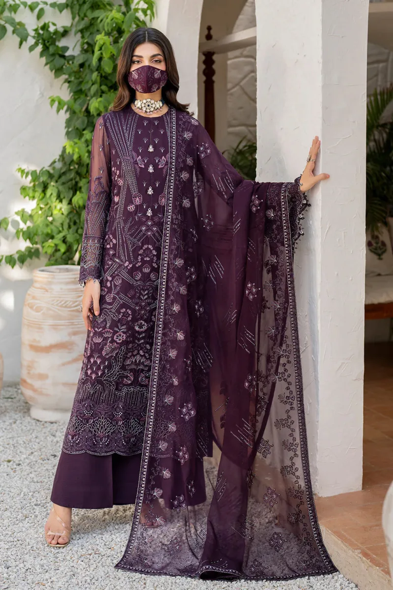 Dark Plum 3-Pc Unstitched Embroidered Chiffon Suit By Naqsh | S-1409 - Patel Brothers NX 3