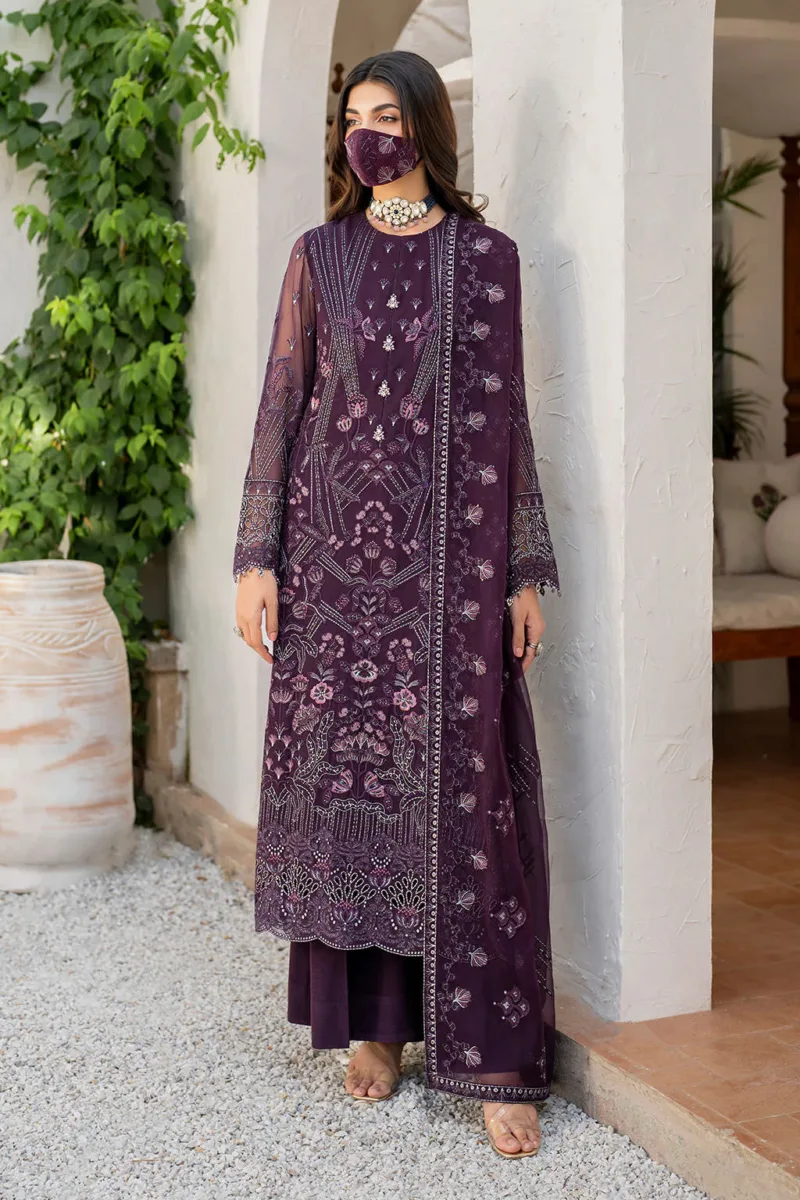 Dark Plum 3-Pc Unstitched Embroidered Chiffon Suit By Naqsh | S-1409 - Patel Brothers NX 8