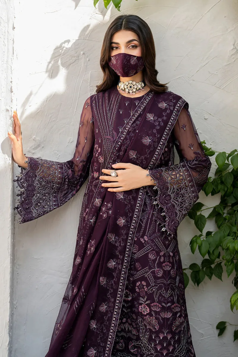 Dark Plum 3-Pc Unstitched Embroidered Chiffon Suit By Naqsh | S-1409 - Patel Brothers NX 7