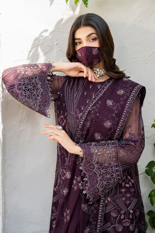 Dark Plum 3-Pc Unstitched Embroidered Chiffon Suit By Naqsh | S-1409 - Patel Brothers NX 4