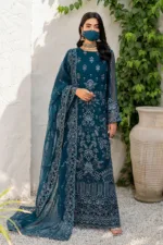 Peacock Blue 3-Pc Long Unstitched Embroidered Chiffon Suit By Naqsh | S-1410 - Patel Brothers NX 9