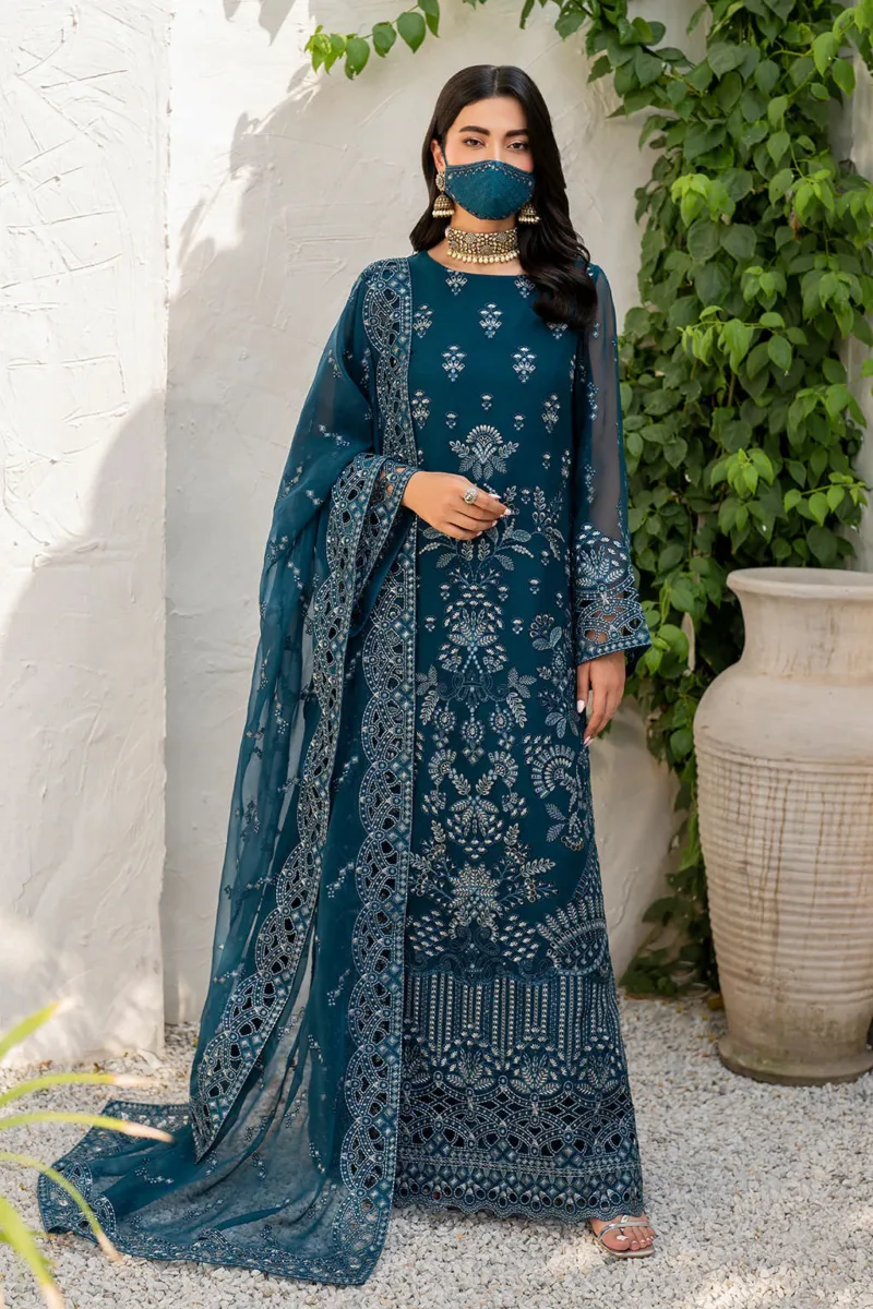 Peacock Blue 3-Pc Long Unstitched Embroidered Chiffon Suit By Naqsh | S-1410 - Patel Brothers NX 3