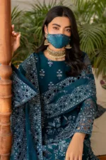 Peacock Blue 3-Pc Long Unstitched Embroidered Chiffon Suit By Naqsh | S-1410 - Patel Brothers NX 10