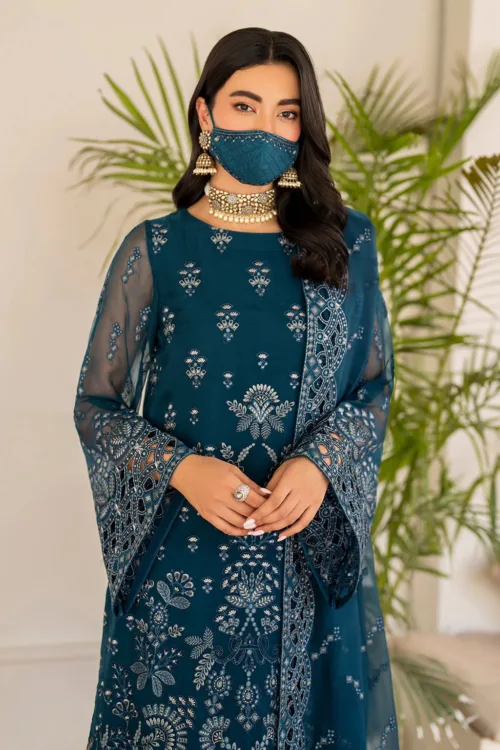 Peacock Blue 3-Pc Long Unstitched Embroidered Chiffon Suit By Naqsh | S-1410 - Patel Brothers NX 4