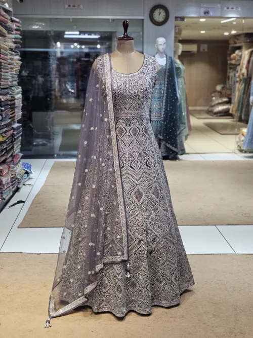 Kashmiri Embroidered Lavender Grey Long Bridal Dress with Swarovski Stone Work | EXC8614-B - Patel Brothers NX 4