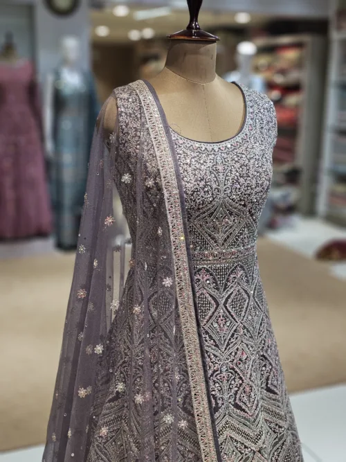 Kashmiri Embroidered Lavender Grey Long Bridal Dress with Swarovski Stone Work | EXC8614-B - Patel Brothers NX 5