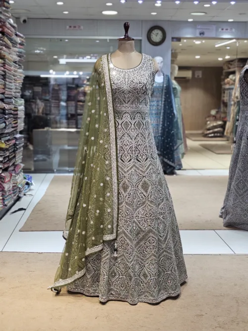 Kashmiri Embroidered Olive Green Long Bridal Dress with Swarovski Stone Work | EXC8614-A - Patel Brothers NX