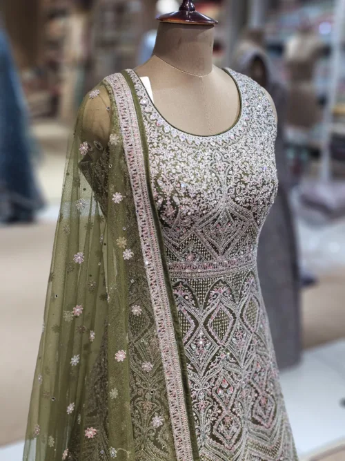 Kashmiri Embroidered Olive Green Long Bridal Dress with Swarovski Stone Work | EXC8614-A - Patel Brothers NX 2