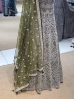 Kashmiri Embroidered Olive Green Long Bridal Dress with Swarovski Stone Work | EXC8614-A - Patel Brothers NX 10