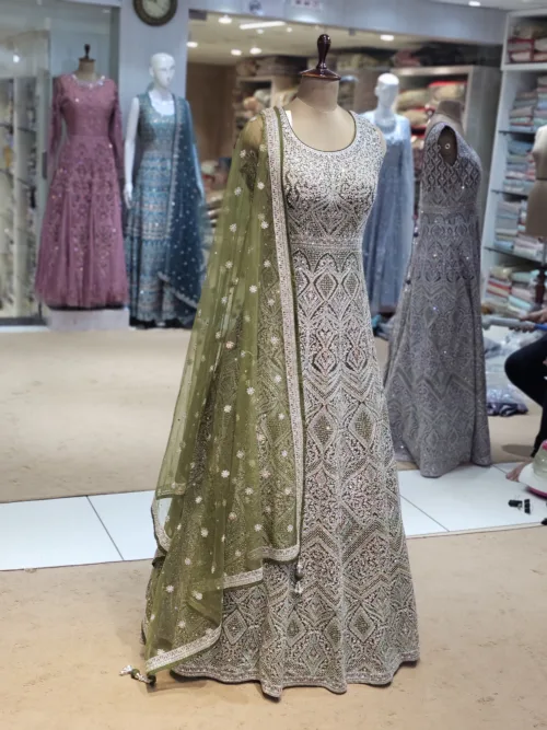 Kashmiri Embroidered Olive Green Long Bridal Dress with Swarovski Stone Work | EXC8614-A - Patel Brothers NX 3