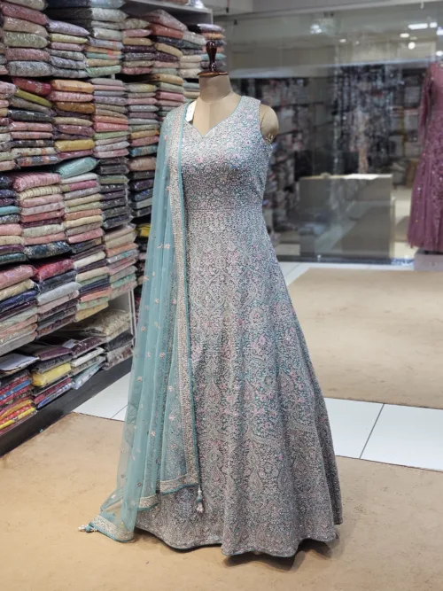 Kashmiri Embroidered Aqua Blue Long Bridal Dress with Swarovski Stone Work | EXC8619-B - Patel Brothers NX 3