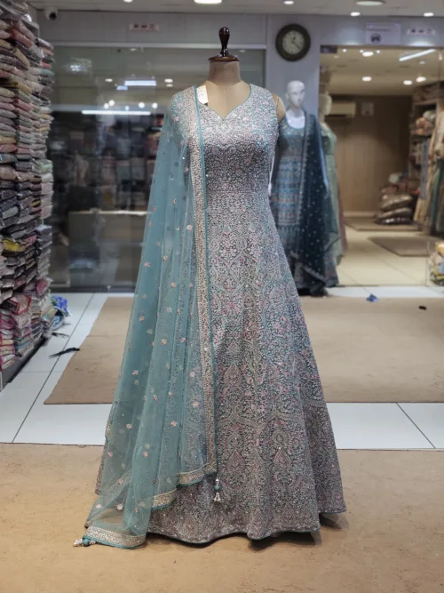 Kashmiri Embroidered Aqua Blue Long Bridal Dress with Swarovski Stone Work | EXC8619-B - Patel Brothers NX