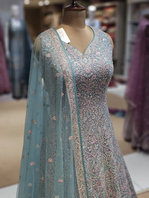 Kashmiri Embroidered Aqua Blue Long Bridal Dress with Swarovski Stone Work | EXC8619-B - Patel Brothers NX 2