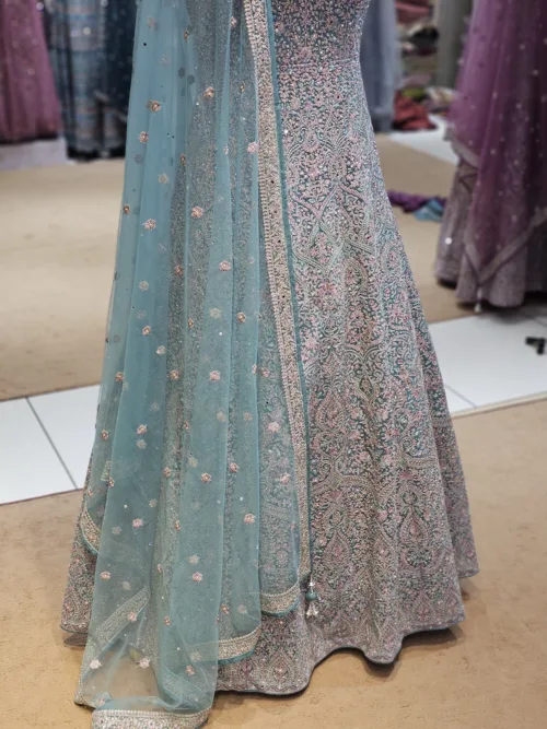 Kashmiri Embroidered Aqua Blue Long Bridal Dress with Swarovski Stone Work | EXC8619-B - Patel Brothers NX 4