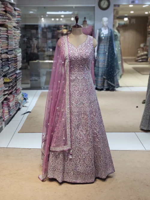 Kashmiri Embroidered Cameo Pink Long Bridal Dress with Swarovski Stone Work | EXC8619-A - Patel Brothers NX