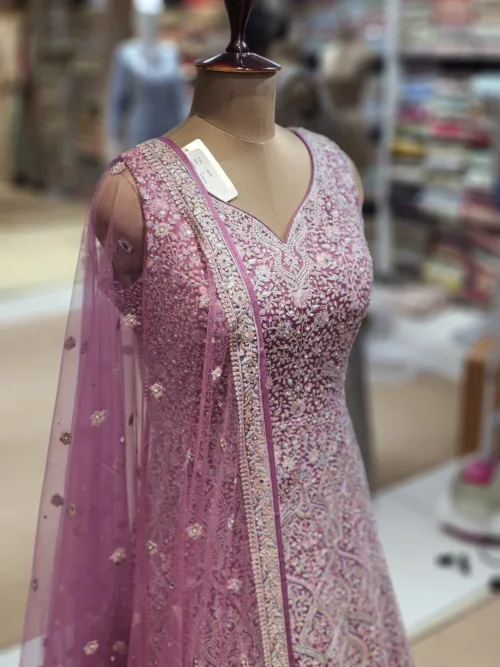 Kashmiri Embroidered Cameo Pink Long Bridal Dress with Swarovski Stone Work | EXC8619-A - Patel Brothers NX 2