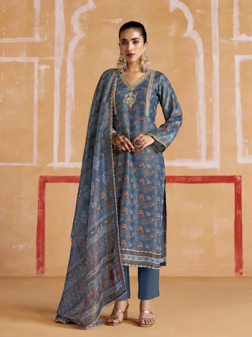 Nayaab by Kimora Heer | Pure Muslin Silk Salwar Suit with Banarasi Zari & Pitta Embroidery | KMR-9544 - Patel Brothers NX