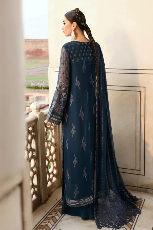 Dark Royal Blue Unstitched Embroidered Chiffon Dress by Mehak | Maxi or Long Shirt Style E-802 - Patel Brothers NX 2