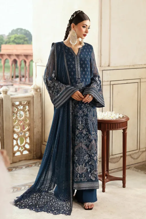 Dark Royal Blue Unstitched Embroidered Chiffon Dress by Mehak | Maxi or Long Shirt Style E-802 - Patel Brothers NX