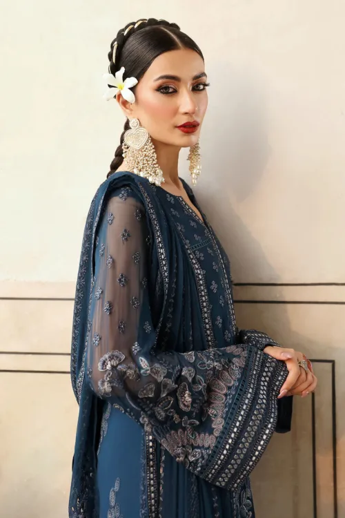 Dark Royal Blue Unstitched Embroidered Chiffon Dress by Mehak | Maxi or Long Shirt Style E-802 - Patel Brothers NX 4