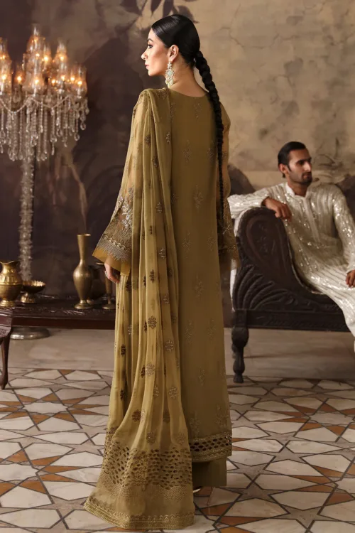 Tangerine Gold Unstitched Embroidered Chiffon Long Shirt by Mehak | E-804 - Patel Brothers NX 2