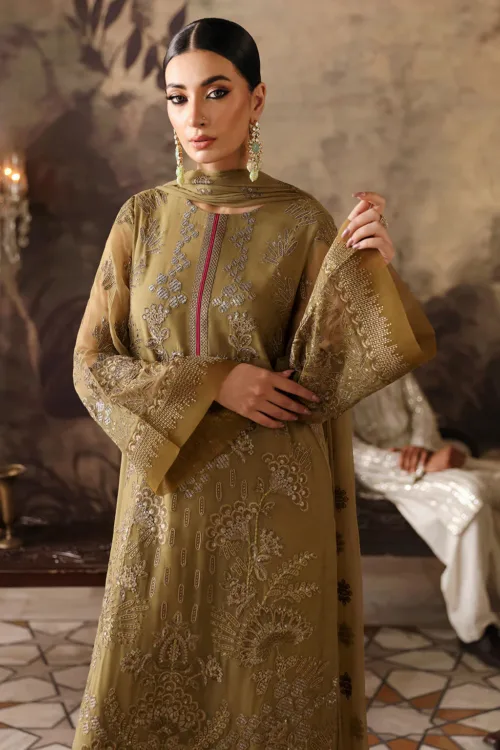 Tangerine Gold Unstitched Embroidered Chiffon Long Shirt by Mehak | E-804 - Patel Brothers NX 3