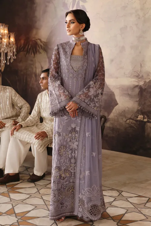 Lilac Gray Unstitched Embroidered Chiffon Long Shirt or Maxi by Mehak | E-805 - Patel Brothers NX