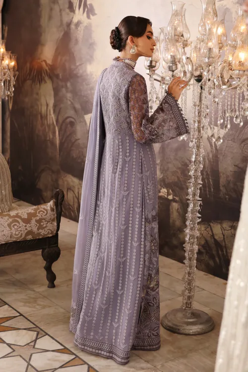 Lilac Gray Unstitched Embroidered Chiffon Long Shirt or Maxi by Mehak | E-805 - Patel Brothers NX 2