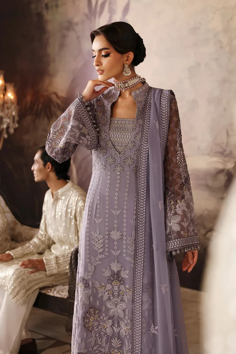 Lilac Gray Unstitched Embroidered Chiffon Long Shirt or Maxi by Mehak | E-805 - Patel Brothers NX 7