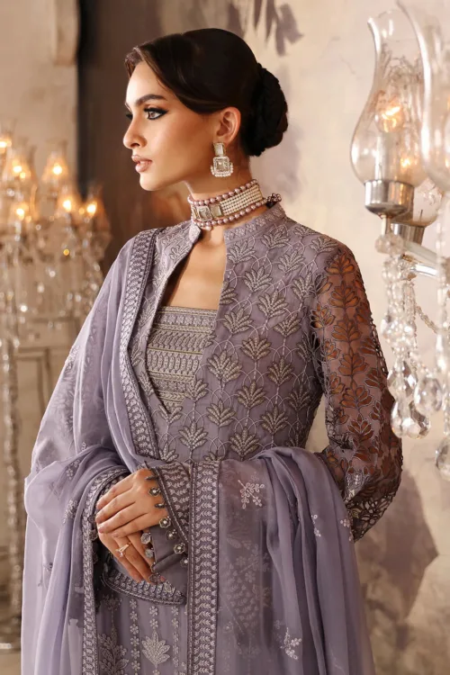 Lilac Gray Unstitched Embroidered Chiffon Long Shirt or Maxi by Mehak | E-805 - Patel Brothers NX 3