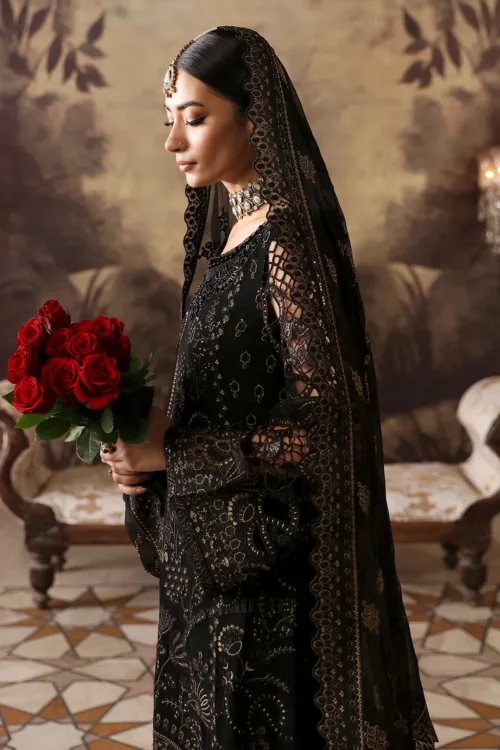 Black Unstitched Embroidered Chiffon Long Shirt or Maxi by Mehak | E-806 - Patel Brothers NX 3