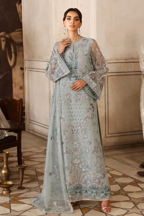 Aqua Gray Unstitched Embroidered Organza Long Shirt or Maxi by Mehak | E-807 - Patel Brothers NX