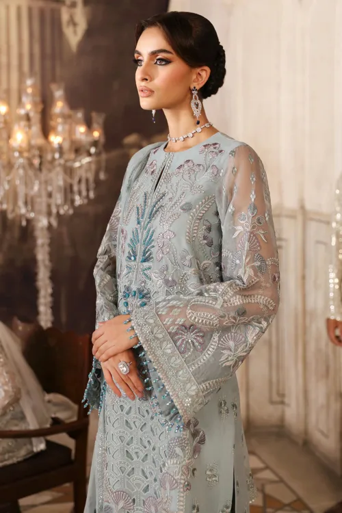 Aqua Gray Unstitched Embroidered Organza Long Shirt or Maxi by Mehak | E-807 - Patel Brothers NX 3