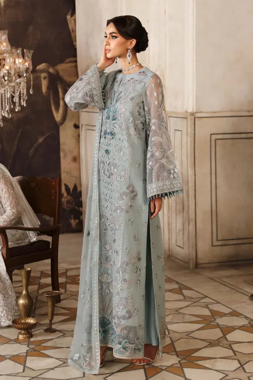 Aqua Gray Unstitched Embroidered Organza Long Shirt or Maxi by Mehak | E-807 - Patel Brothers NX 4