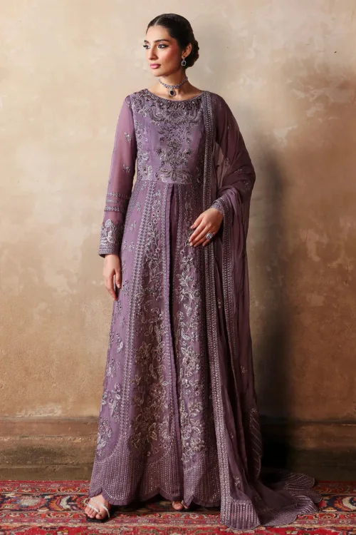 Dusty Lilac Purple Unstitched Embroidered Silk & Organza Maxi or Long Shirt by Mehak | E-808 - Patel Brothers NX