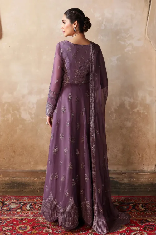 Dusty Lilac Purple Unstitched Embroidered Silk & Organza Maxi or Long Shirt by Mehak | E-808 - Patel Brothers NX 2