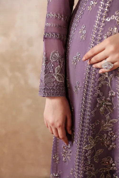 Dusty Lilac Purple Unstitched Embroidered Silk & Organza Maxi or Long Shirt by Mehak | E-808 - Patel Brothers NX 3