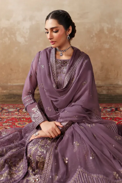 Dusty Lilac Purple Unstitched Embroidered Silk & Organza Maxi or Long Shirt by Mehak | E-808 - Patel Brothers NX 4