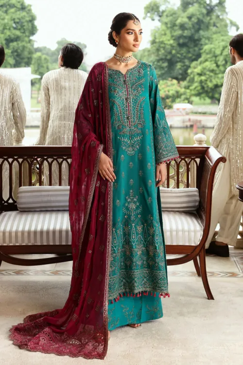 Teal Green & Maroon Red Unstitched Embroidered Silk Long Shirt by Mehak | E-810 - Patel Brothers NX