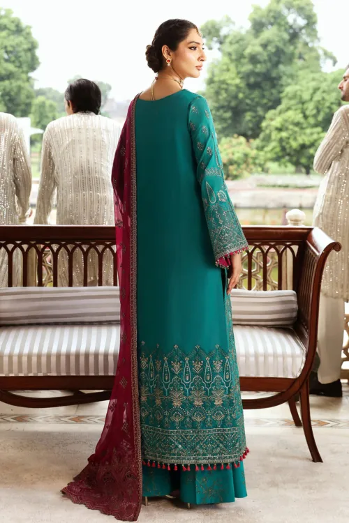 Teal Green & Maroon Red Unstitched Embroidered Silk Long Shirt by Mehak | E-810 - Patel Brothers NX 2